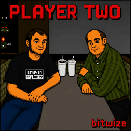 Player Two album cover: two men in a diner booth with milkshakes, drawn in pixel art
